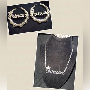 Princess Script Name Necklace and Hoop Earrings SET- Silver Tone